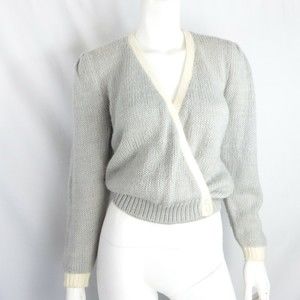 PETRIE STORES Vintage Wrap Sweater Gray Faux Pearl Size Small  Shoulder Pads